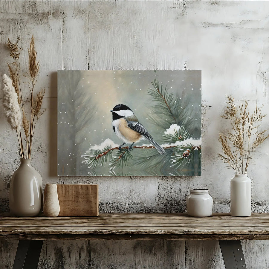 Chickadee Winter Canvas Print | Snowy Pine Branch Wall Art | Gallery Wrapped Premium Decor | Nature Lover Holiday Gift