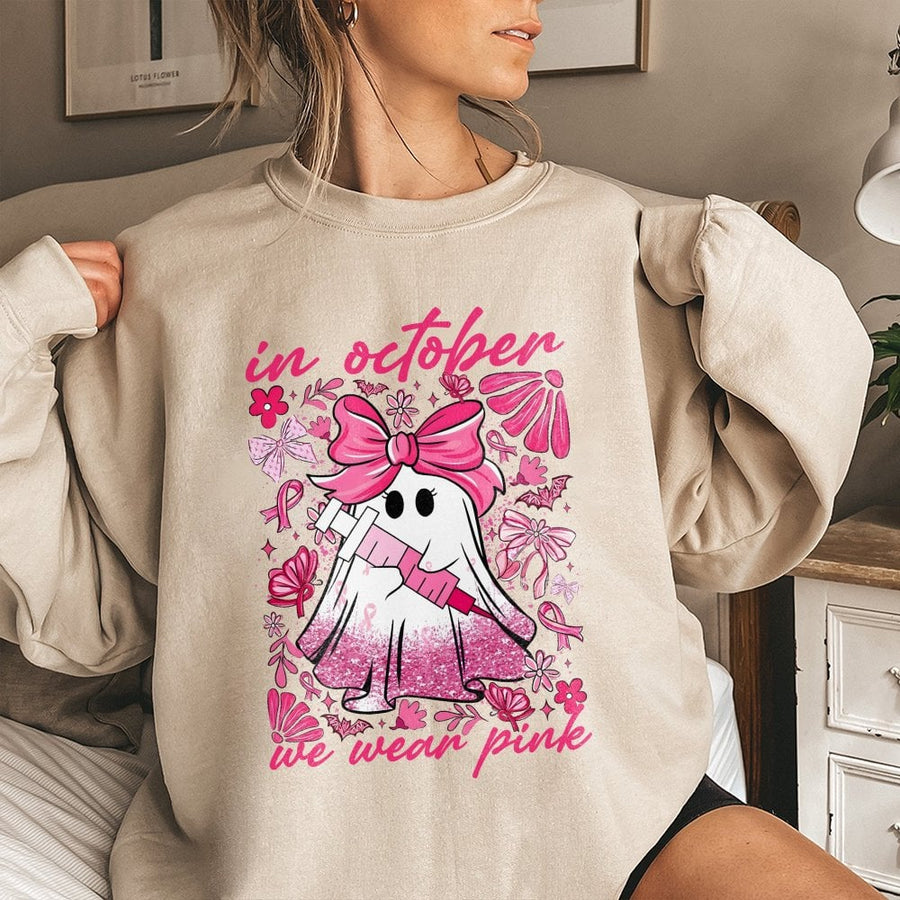 In October We Wear Pink Sweatshirt | Coquette Ghost Nursing Gift | Soft Cotton Blend Crewneck | Breast Cancer Awareness Shirt For Nurses