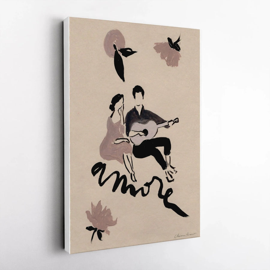 Amore Vertical Canvas Wall Art | Romantic Couple with Guitar Illustration | Premium Gallery Wrap Canvas | Modern Italian Anniversary Gift for Her