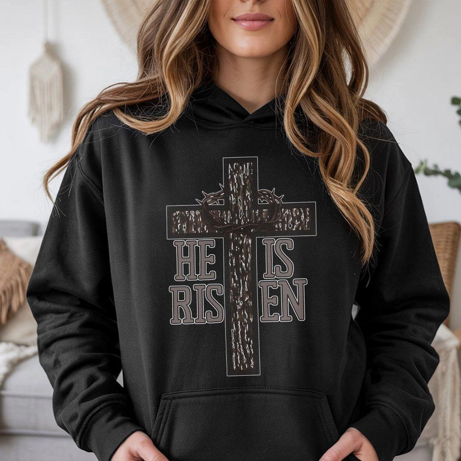 He Is Risen Hoodie | Camo Cross Graphic Religious Apparel | Soft Cotton-Blend Premium Sweatshirt | Easter Christian Gift For Men And Women