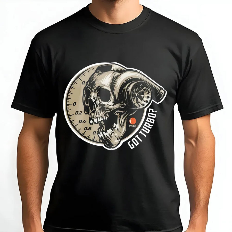 Turbocharger Skull T-Shirt | Boost Gauge Racing Graphic | Premium Cotton Streetwear | Gift For Car Enthusiast And Gearhead