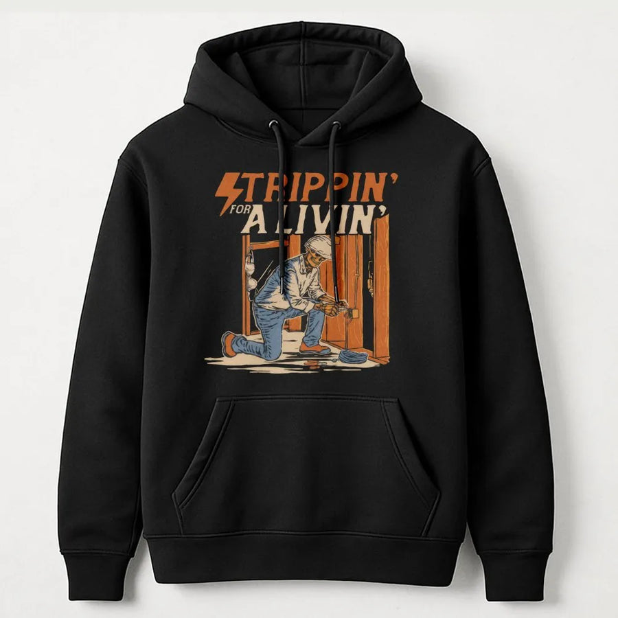 Electrician Hoodie | Strippin' For A Livin' Skeleton Graphic | Premium Cotton Blend | Funny Gift for Electrical Worker and Tradesman