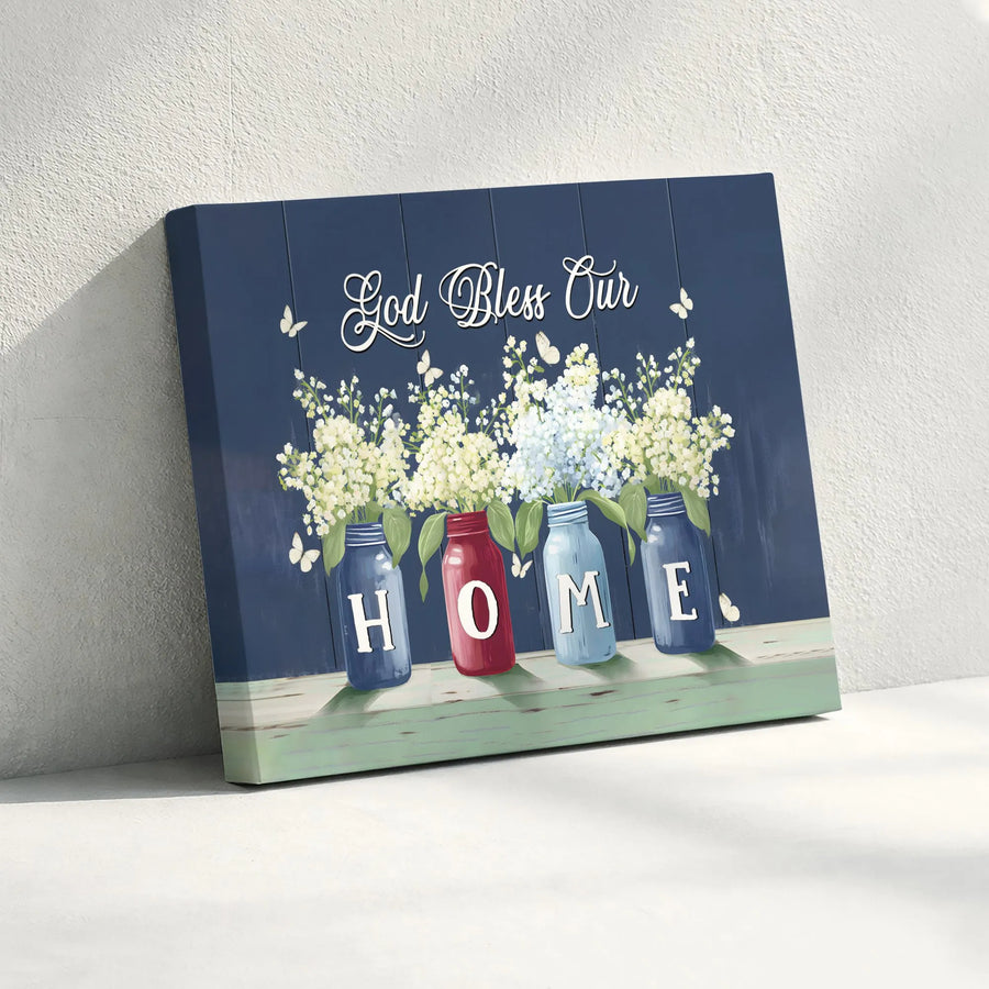 God Bless Our Home Canvas Art | Mason Jar Farmhouse Wall Decor | Premium Fade-Resistant Print | Rustic Religious Gift for Family