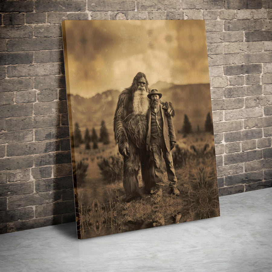 Bigfoot and Cowboy Portrait Canvas | Vintage Sepia Cryptid Art | Premium Gallery-Wrapped Print | Unique Man Cave or Cabin Wall Decor Gift