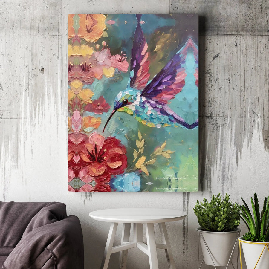 Hummingbird Canvas Wall Art | Colorful Impasto Floral Painting | Premium Gallery Wrap Print | Modern Home Decor Gift