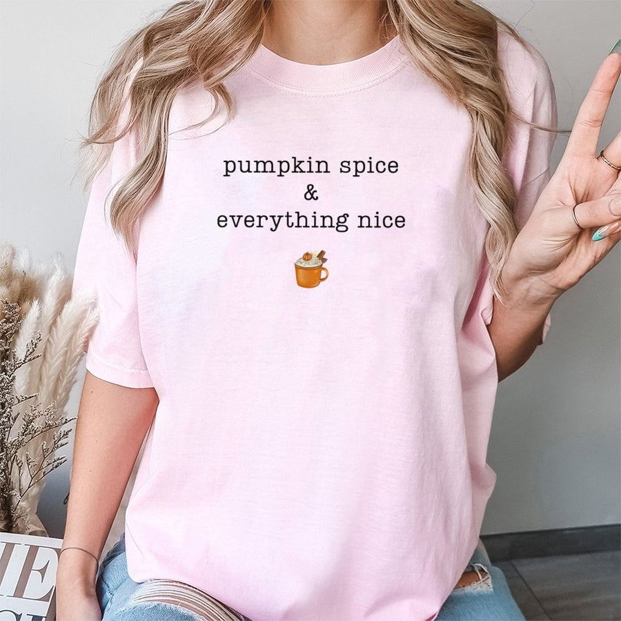Pumpkin Spice and Everything Nice T-Shirt | Autumn Coffee Lover Graphic Tee | 100% Cotton Premium Quality | Fall Season Gift for Women