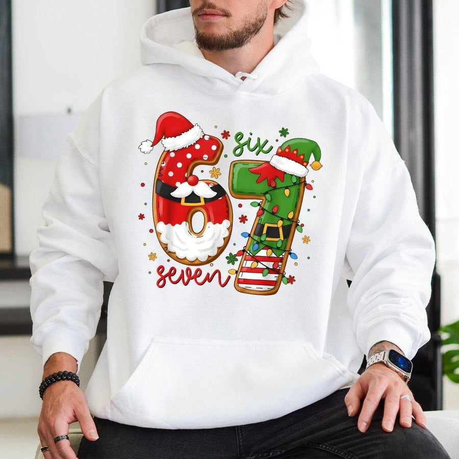67 Christmas Hoodie | Funny Santa and Elf Number Graphic | Cotton-Blend Premium Apparel | Unisex Holiday Gift for Birthday or Party