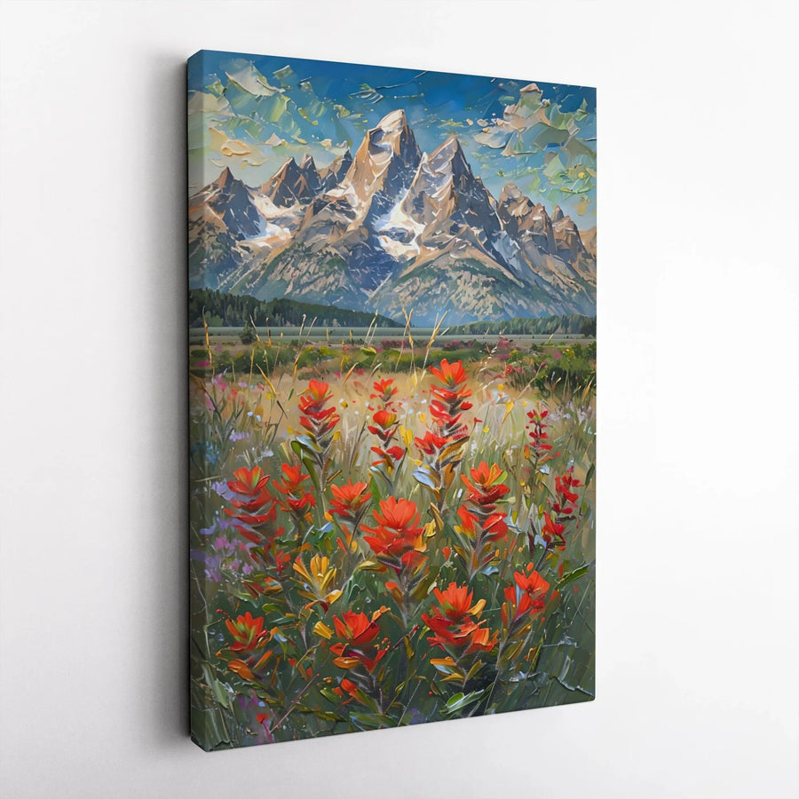 Grand Teton Mountain Canvas Art | Impressionist Wildflower Landscape | 1.25-Inch Gallery Wrap | Premium Nature Wall Decor for Living Room