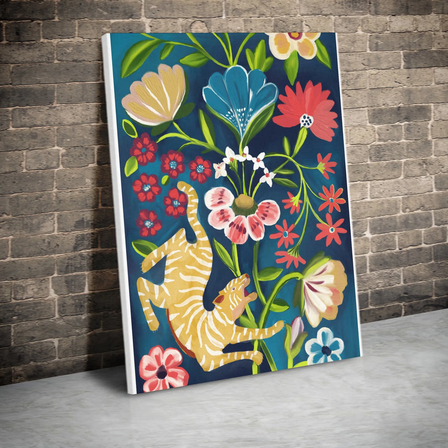 Floral Tiger Canvas Wall Art | Vibrant Folk Art Tiger and Flowers Print | Premium Gallery Wrap Canvas | Eclectic Living Room Decor Gift