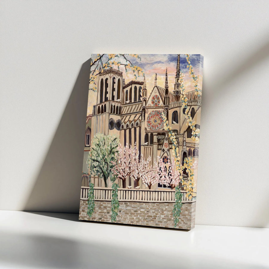 Notre Dame Cathedral Canvas Wall Art | Impressionist Spring in Paris Painting | Premium Gallery Wrapped Canvas | Romantic Paris Home Decor Gift