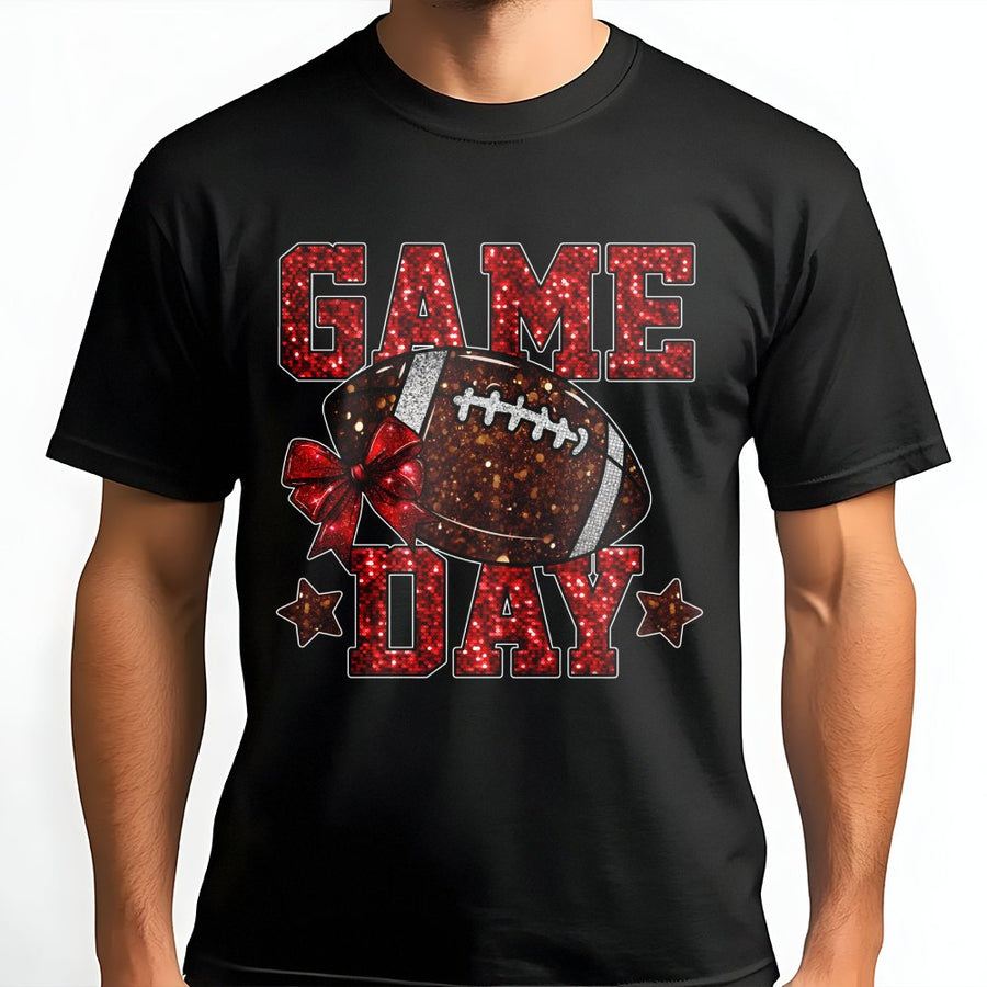 Game Day Football T-Shirt | Red Glitter Bow Graphic Design | Premium 100% Cotton Apparel | Sporty Gift for Football Moms and Fans