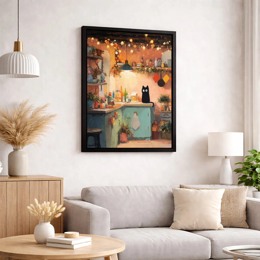 Whimsical Black Cat Wall Art | Cozy Kitchen Cottagecore Painting | Premium Gallery-Wrapped Canvas | Gift for Cat Lovers