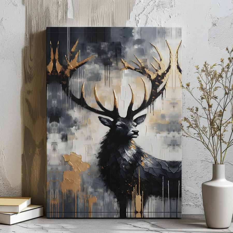 Abstract Stag Canvas Wall Art | Gold Antler Forest Animal Painting | Premium Gallery Wrap Decor | Modern Office Living Room Gift