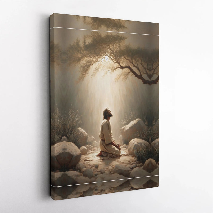 Jesus Praying Canvas Wall Art | Kneeling In Gethsemane Light Design | Gallery-Quality 1.25" Thick Frame | Religious Christian Home Decor Gift