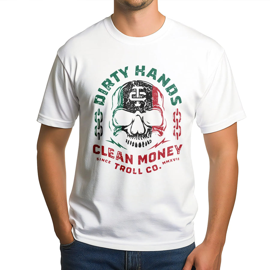 Dirty Hands Clean Money T-Shirt | Distressed Skull Graphic Workwear | Premium 100% Cotton | Gift For Blue Collar Tradesman