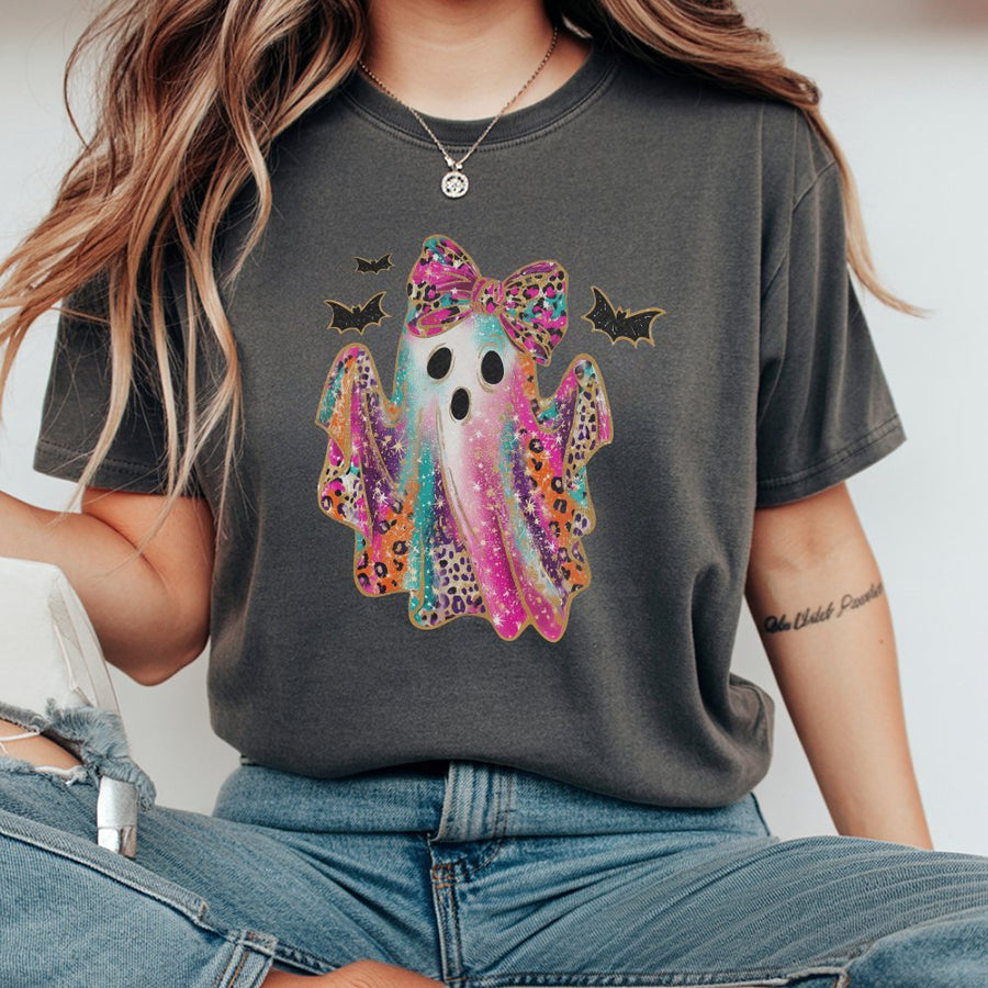 Cute Ghost T-Shirt | Rainbow Leopard Bow Halloween Graphic | 100% Cotton Premium Tee | Spooky Season Gift For Women