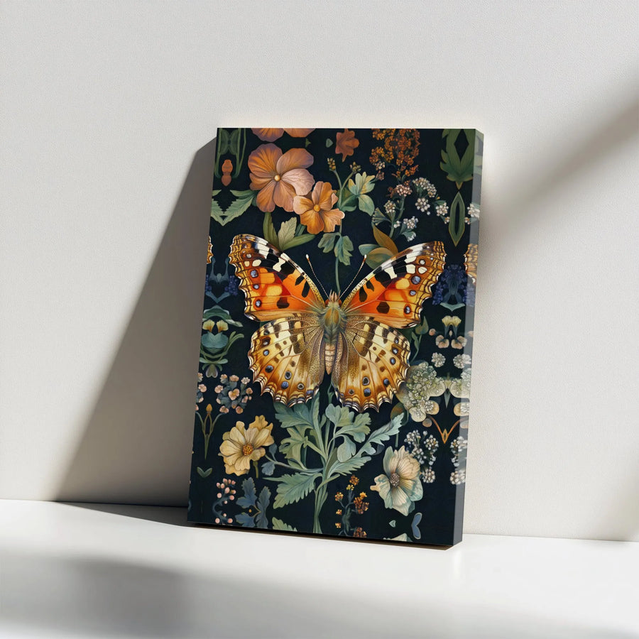 Butterfly Wall Art Canvas | Vintage Painted Lady Dark Floral Print | Gallery Wrapped Premium Decor | Nature Lover Living Room Gift