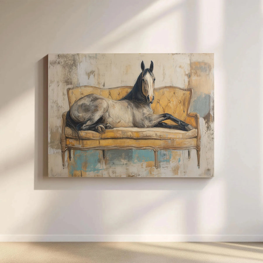 Horse Canvas Wall Art | Whimsical Dapple Gray Horse on Yellow Sofa | Premium Gallery Wrap Canvas | Unique Farmhouse Decor Gift for Horse Lover