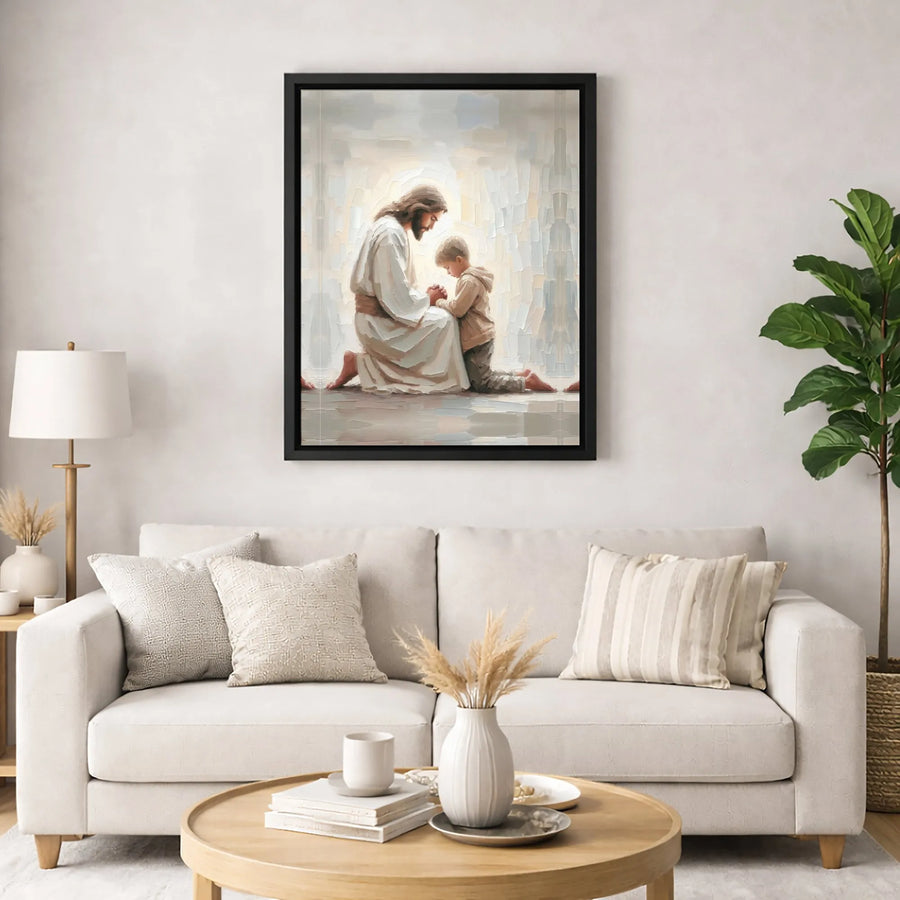Jesus Praying With Child Canvas Wall Art | Impasto Religious Oil Painting Style | Premium 1.25 Inch Gallery Wrap | Christian Home Decor Gift