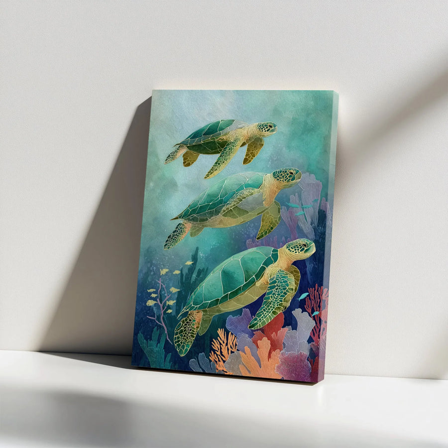 Sea Turtle Wall Art | Trio Swimming Turtles & Vibrant Coral Reef Canvas | 1.25" Gallery Wrap | Premium Ocean Decor Gift For Beach House