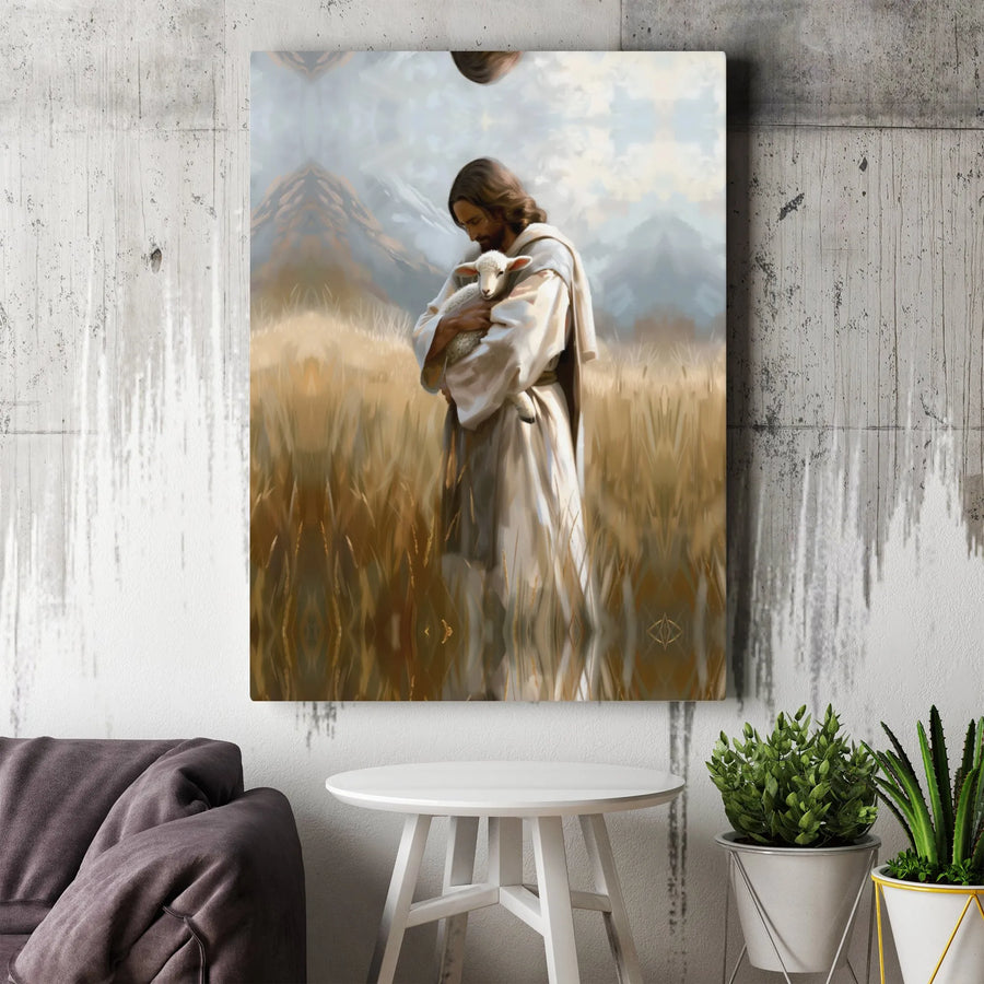 Jesus With Lamb Canvas Wall Art | Shepherd Christ Religious Painting | Premium Fade-Resistant Print | Spiritual Home Decor Gift for Believers
