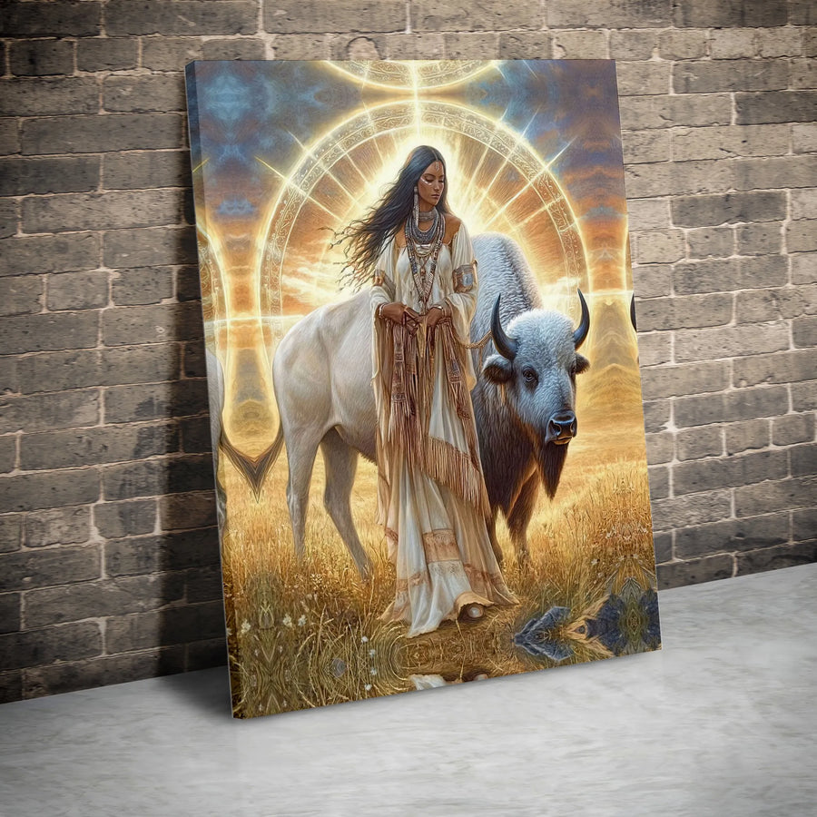 Sacred White Buffalo Canvas Wall Art | Spiritual Native American Woman Print | Premium Gallery-Wrapped Decor | Western Home & Office Gift