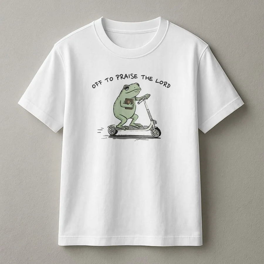 Christian Frog T-Shirt | Funny 'Off To Praise The Lord' Graphic | Premium Cotton Blend Crewneck | Cute Faith Based Religious Gift