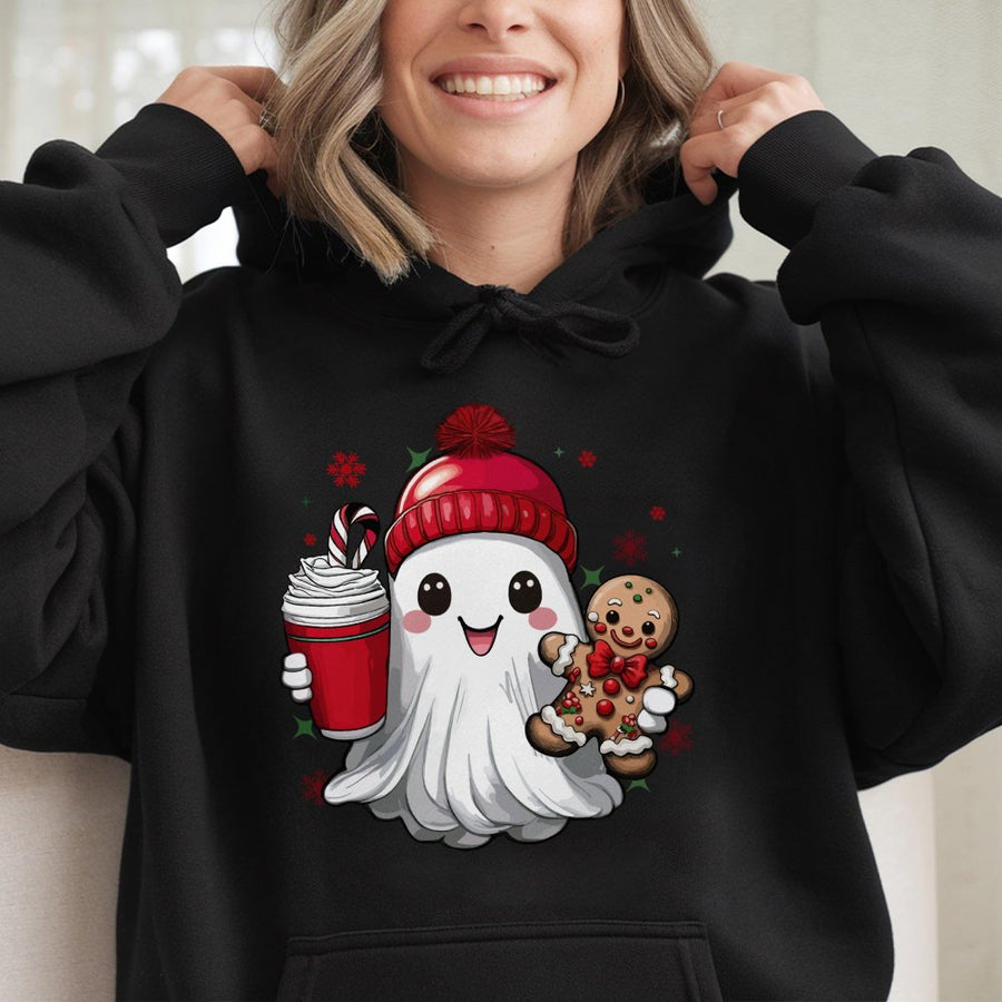 Christmas Ghost Hoodie | Gingerbread Man Cute Winter Graphic | Premium Cotton-Blend | Unisex Holiday Gift for Women and Men