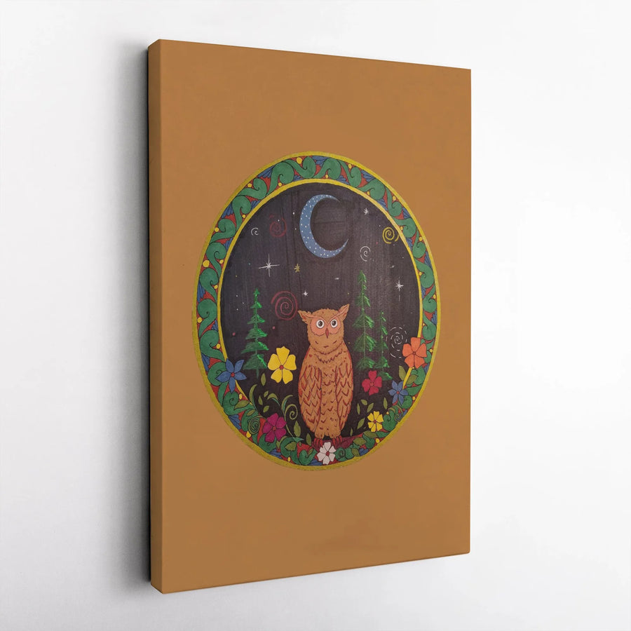 Folk Art Owl Wall Art | Night Forest Floral Crescent Moon Print | Premium Gallery Canvas | Whimsical Nature Lover Gift Decor