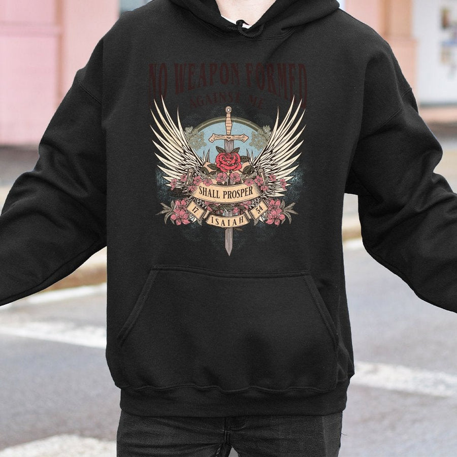 No Weapon Formed Against Me Hoodie | Isaiah 54:17 Bible Verse Design | Premium Cotton Blend | Faith-Based Christian Gift for Her & Him