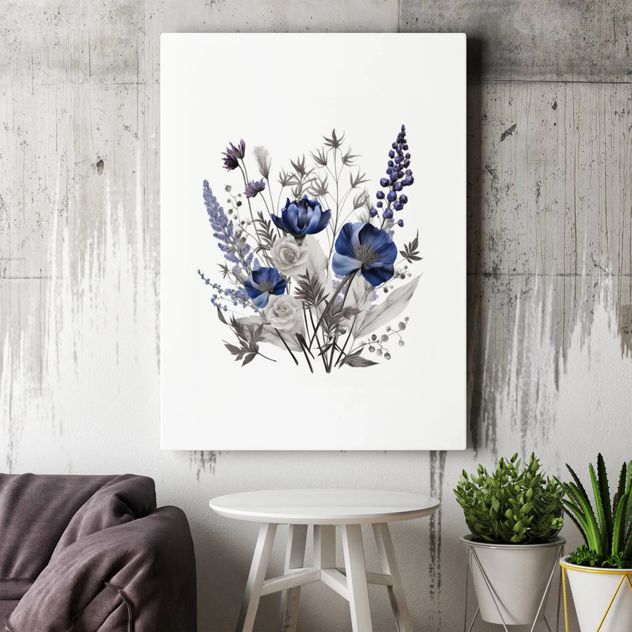 Navy Blue Floral Canvas Wall Art | Botanical Flower Bouquet Illustration | Premium Fade-Resistant Print | Elegant Modern Home Decor Gift