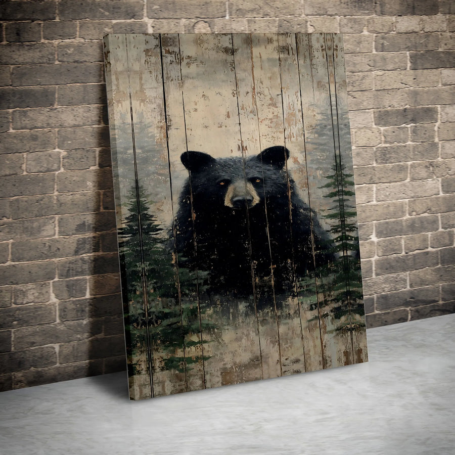 Rustic Black Bear Canvas Print | Forest Scene on Vintage Wood Panel | Premium Gallery Wall Art | Cabin & Lodge Decor Gift