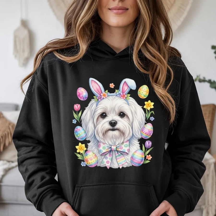 Easter Maltese Hoodie | Cute Bunny Ears Puppy Graphic | Premium Cotton Blend | Spring Dog Mom Gift