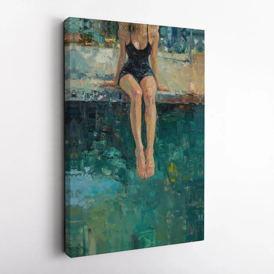 Impressionist Woman by Pool Canvas Print | Textured Oil Painting Style | 1.25" Premium Gallery Wrap | Sophisticated Modern Home Decor