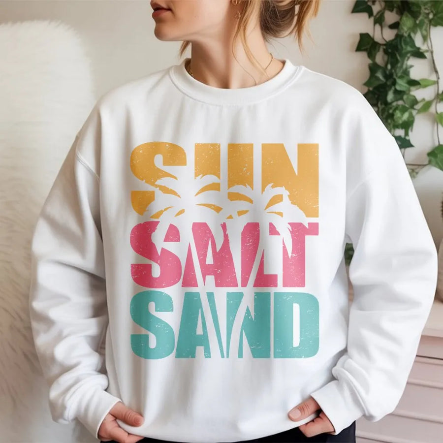 Sun Salt Sand Beach Sweatshirt | Retro Palm Tree Graphic | Cozy Cotton Blend Pullover | Summer Vacation Gift for Women
