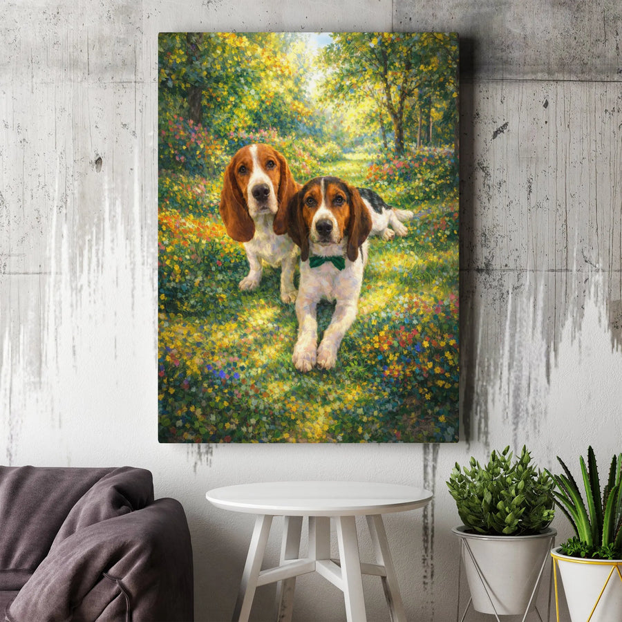 Basset Hound Canvas Wall Art | Impressionist Dog Portrait in Flower Meadow | Premium Gallery Wrap Canvas | Gift for Dog Owner