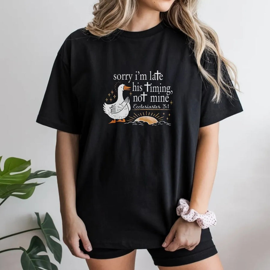 Christian Goose T-Shirt | Funny Bible Verse 'His Timing Not Mine' | Premium Comfort Colors Cotton Tee | Religious Faith Based Gift for Women