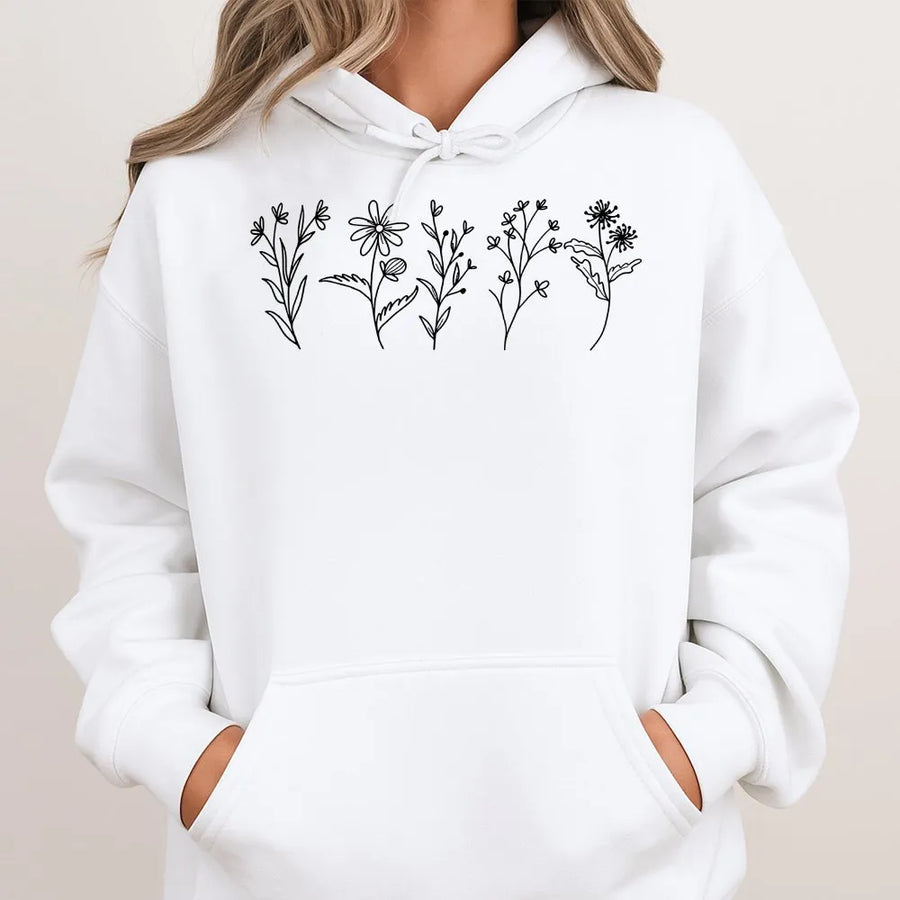 Wildflower Hoodie | Minimalist Botanical Line Art | Premium Soft Cotton Blend Sweatshirt | Cottagecore Gift for Nature Lover