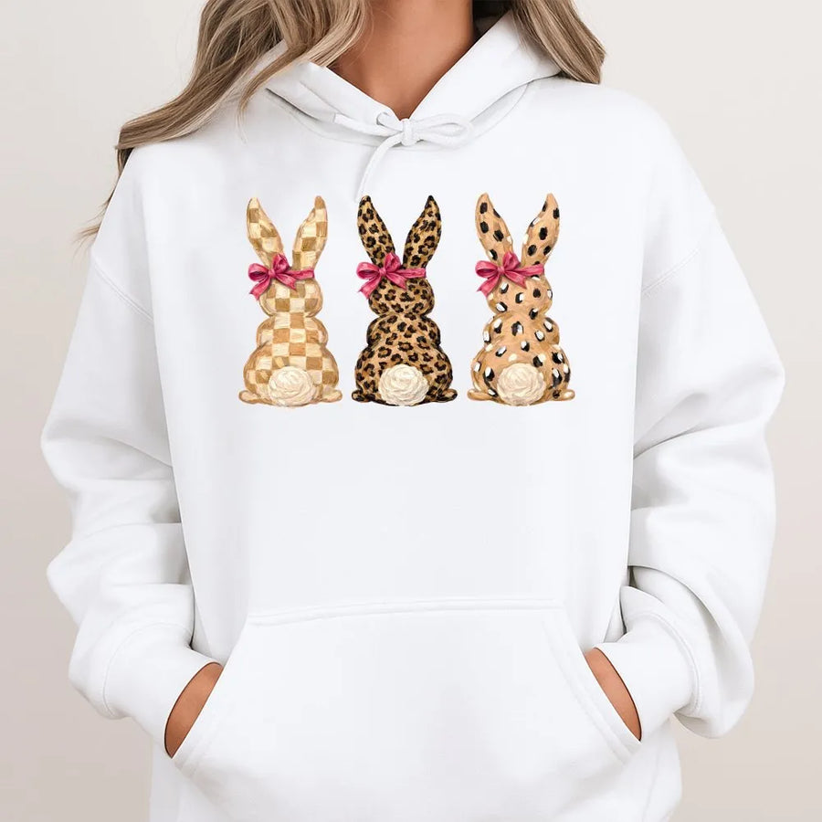 Easter Bunny Hoodie | Leopard Check Print Rabbit Trio Design | Premium Cotton-Poly Blend | Cute Spring Holiday Gift for Her