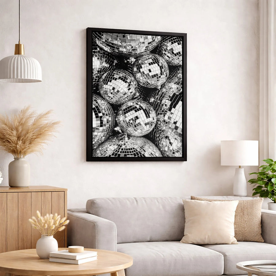 Disco Ball Wall Art | Monochrome Party Aesthetic Print | Premium Gallery Wrapped Canvas | Retro Modern Decor For Living Room