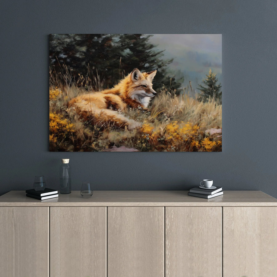 Red Fox Canvas Wall Art | Realistic Forest Meadow Oil Painting Print | Premium 1.25-Inch Gallery Wrap | Wildlife Home Decor Gift for Nature Lovers