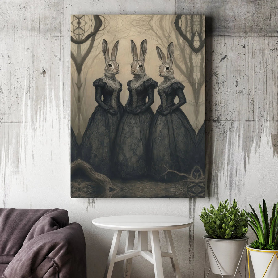 Gothic Victorian Rabbit Canvas Wall Art | Whimsical Anthropomorphic Bunny Portrait | Premium Gallery Wrap Decor | Dark Academia Gift for Home Office
