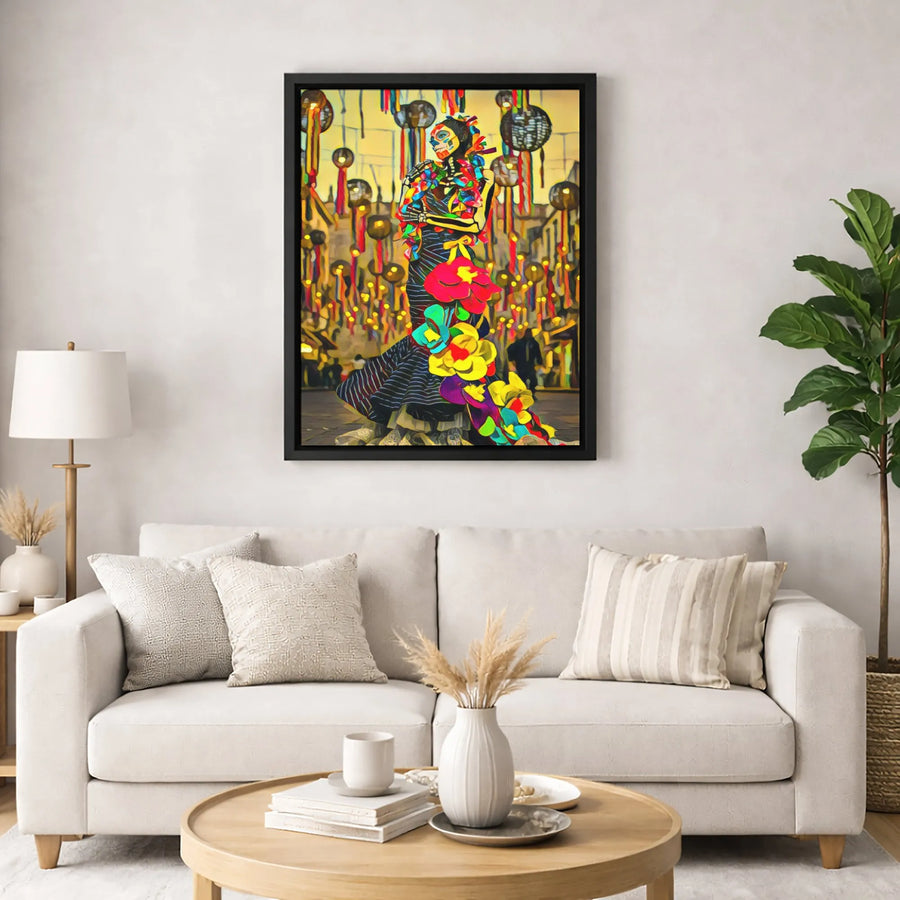 Dia De Los Muertos Wall Art | La Catrina Sugar Skull Floral Painting | Premium Gallery Wrap Canvas | Mexican Folk Art Decor Gift