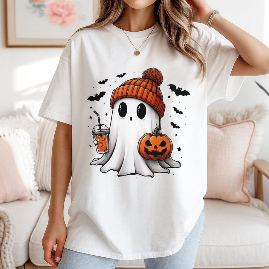 Cute Ghost T-Shirt | Pumpkin Spice Latte Halloween Graphic Tee | 100% Cotton Premium Comfort | Spooky Season Gift For Women