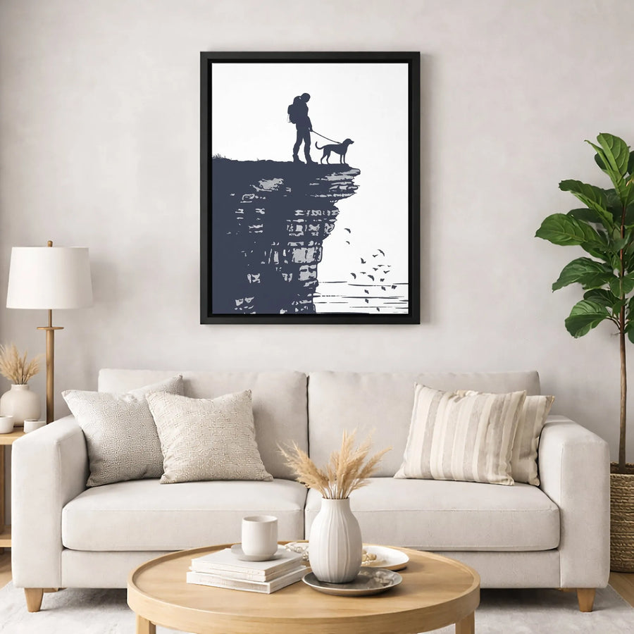 Hiker With Dog Canvas Wall Art | Mountain Cliff Silhouette Print | Premium Gallery-Wrapped Decor | Hiking Enthusiast Gift