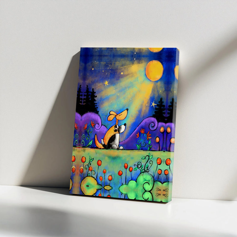 Dog Wall Art Canvas | Whimsical Night Sky Landscape Painting | Premium Gallery Wrap Decor | Gift For Dog Lovers & Pet Owners