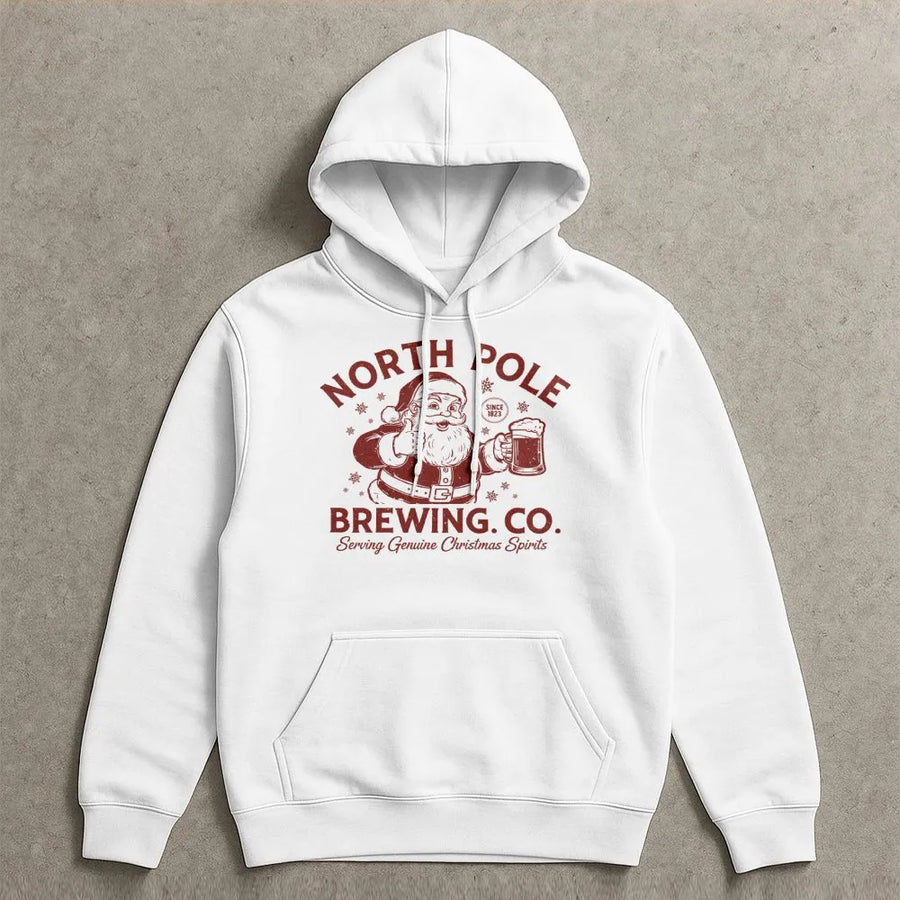 North Pole Brewing Co Hoodie | Funny Santa Drinking Beer Graphic | Premium Cotton Blend Unisex Sweatshirt | Christmas Party Gift for Him or Her
