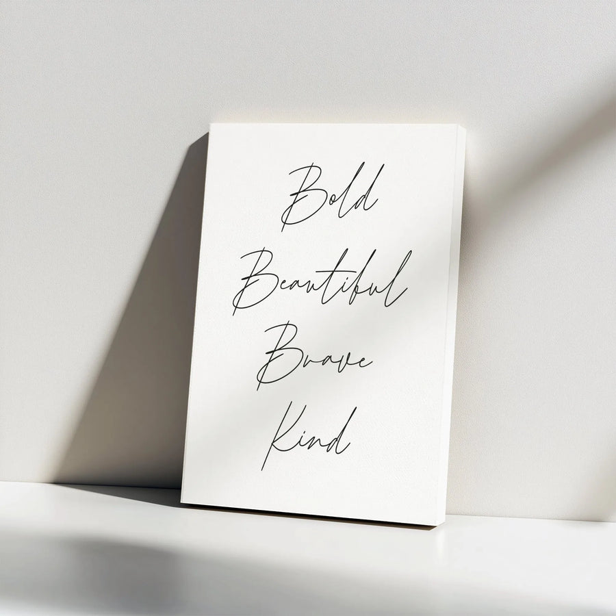 Bold Beautiful Brave Kind Canvas Wall Art | Minimalist Script Typography | Premium 1.25" Thick Gallery Wrap | Inspirational Gift for Women, Office Decor