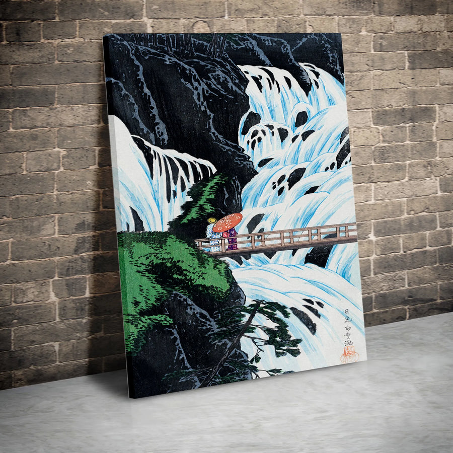 Japanese Waterfall Ukiyo-e Canvas Print | Vintage Couple on Bridge Illustration | Premium Gallery Wrapped Canvas | Gift for Japan Art Lovers