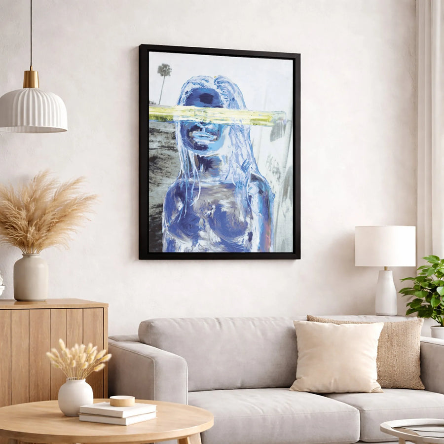 Abstract Woman Canvas Wall Art | Blue Pop Art Portrait with Palm Tree | Gallery-Wrapped Premium Decor | Modern Minimalist Living Room Gift